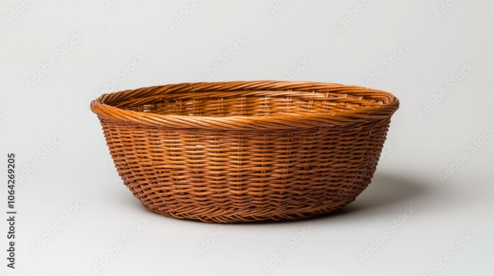 Round wicker basket, handcrafted, perfect for storage or decor, isolated on a white background. Round wicker basket, handcrafted, perfect for storage or decor, isolated on a white background.