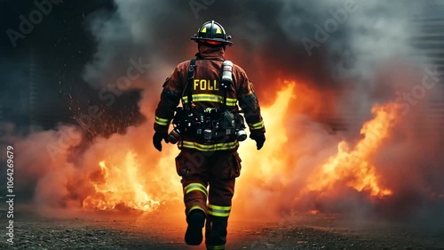 A firefighter walks toward an inferno, smoke and flames billowing behind him. Animation looping video background. Generated with AI
