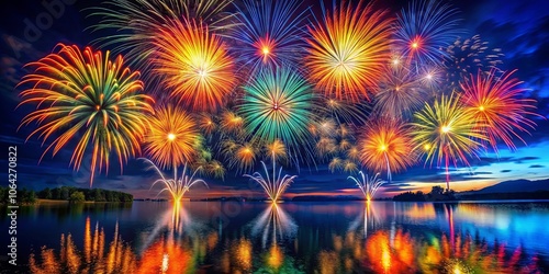 Wallpaper Mural Spectacular Fireworks Display Over a Tranquil Lake, Illuminating the Night Sky with a Kaleidoscope of Colors and Reflecting in the Calm Water Torontodigital.ca