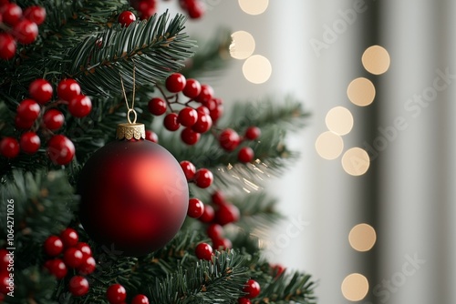 A red christmas tree with a red ornament hanging from it