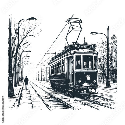 Tram train. Dry tree near the tracks. Black white vector illustration.