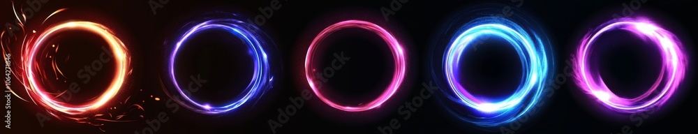 Set of light effect circles with glowing ring frames, featuring soft glow and trailing fairy fire lines