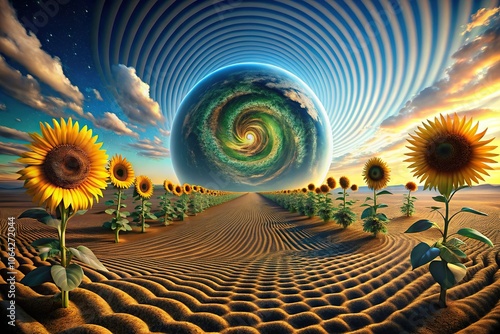 Surreal landscape with hypnotic patterns and textured earth