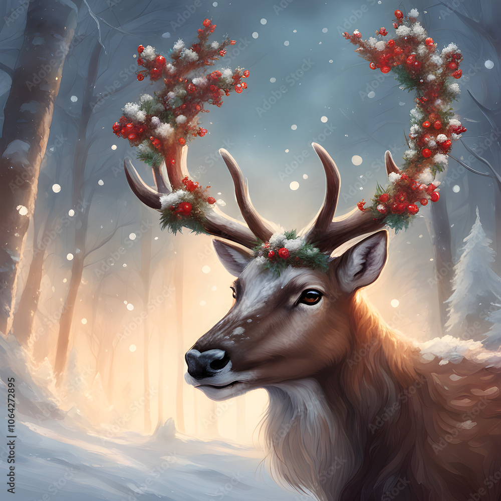 A close-up of a reindeer in the snow wearing a wreath of holly and bells around its neck, creating a charming, wintery feel. A close-up of a reindeer in the snow wearing a wreath of holly and bells around its neck, creating a charming, wintery feel.
