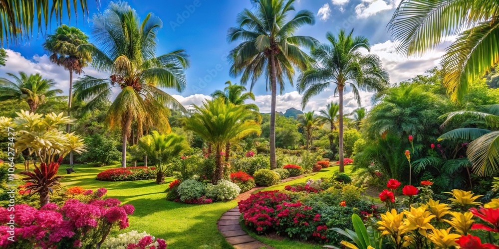 Fototapeta premium Tropical garden with exotic flowers and palm trees in full bloom, greenery, tropical