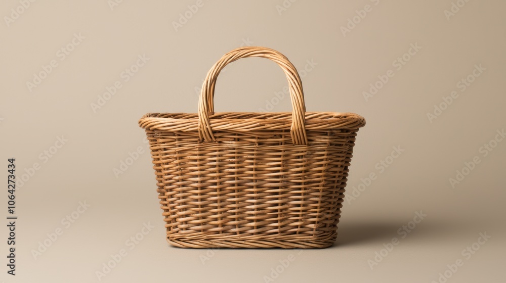 Woven wicker basket with handle, perfect for picnics or storage, on simple beige background. Woven wicker basket with handle, perfect for picnics or storage, on simple beige background.