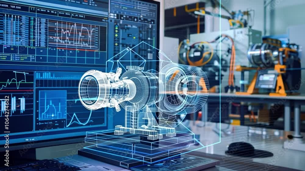 Engineering Innovation: A futuristic 3D model of a jet engine component displayed on a computer screen within a high-tech industrial factory setting. Engineering Innovation: A futuristic 3D model of a jet engine component displayed on a computer screen within a high-tech industrial factory setting.