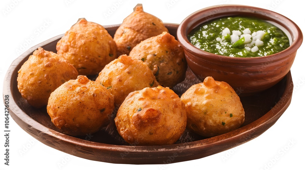 black gram or urad dal vada or pakoda or aalu bonda, aalu bonde with coconut and pudina chutney, isolated. black gram or urad dal vada or pakoda or aalu bonda, aalu bonde with coconut and pudina chutney, isolated.