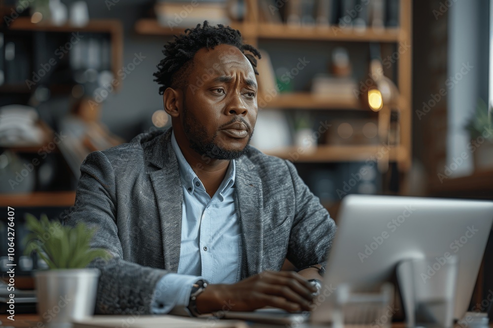 Sick African American businessman coughing at office desk while working on laptop, suffering from chest pains and shortness of breath Sick African American businessman coughing at office desk while working on laptop, suffering from chest pains and shortness of breath