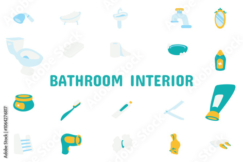 Bathroom Interior Flat Vector Illustration Icon Sticker Set Design Materials