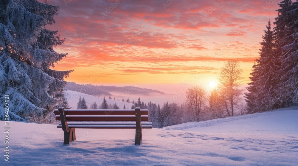 Winter Landscape with Sunset and Snowy Bench Winter Landscape with Sunset and Snowy Bench
