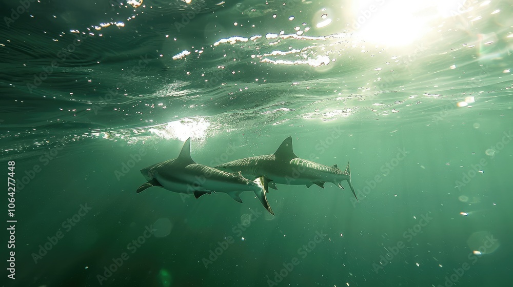 Obraz premium Concept of two sharks swimming under the sunlit ocean surface.
