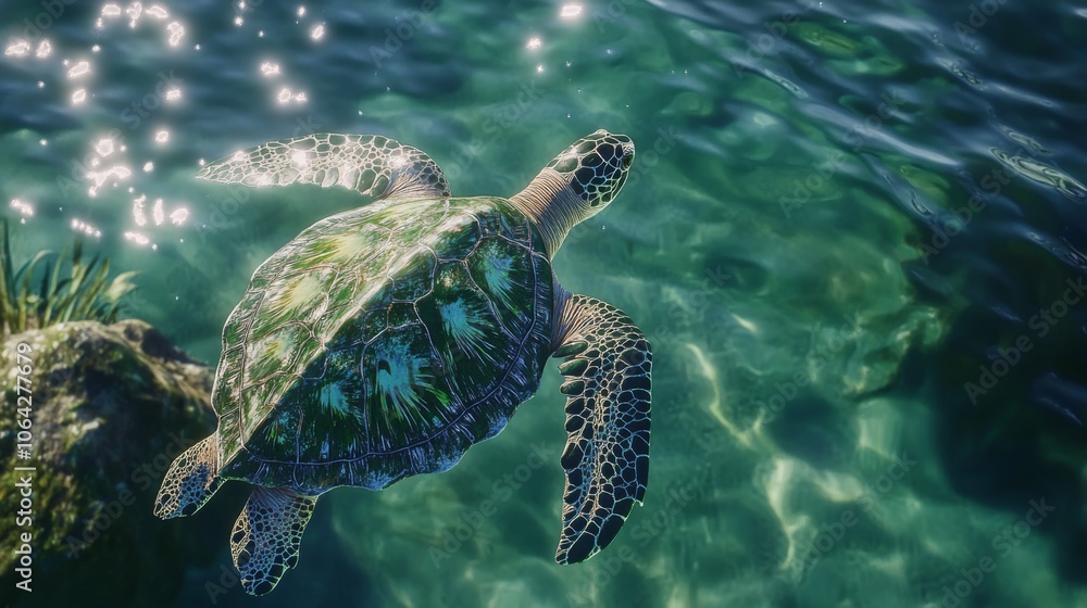 Obraz premium A giant sea turtle gliding gracefully through blue ocean water