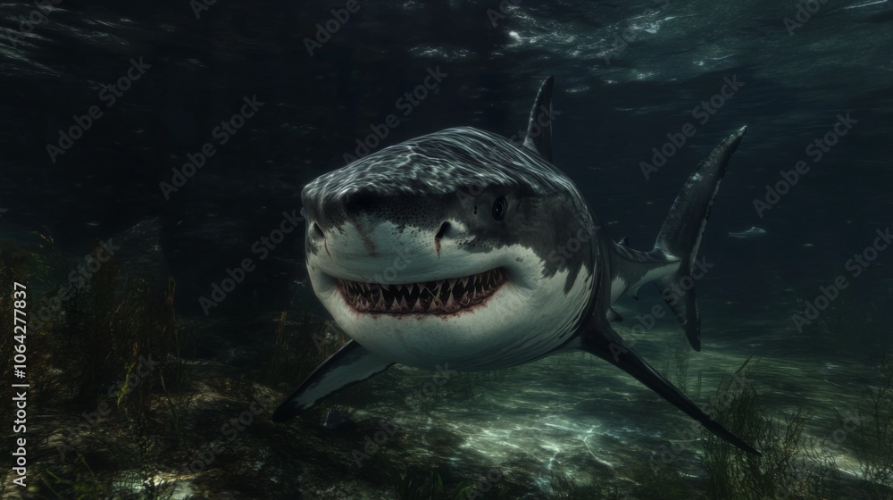 Fototapeta premium A realistic great white shark underwater, swimming toward the camera