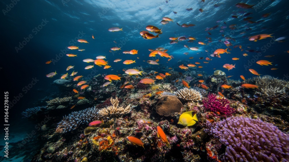 Fototapeta premium A school of colorful fish swimming around coral reef