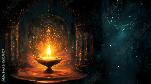 Gothic-style aarti offering, with intricate, dark details and a glowing flame in a mystical temple. Mystical. Illustration