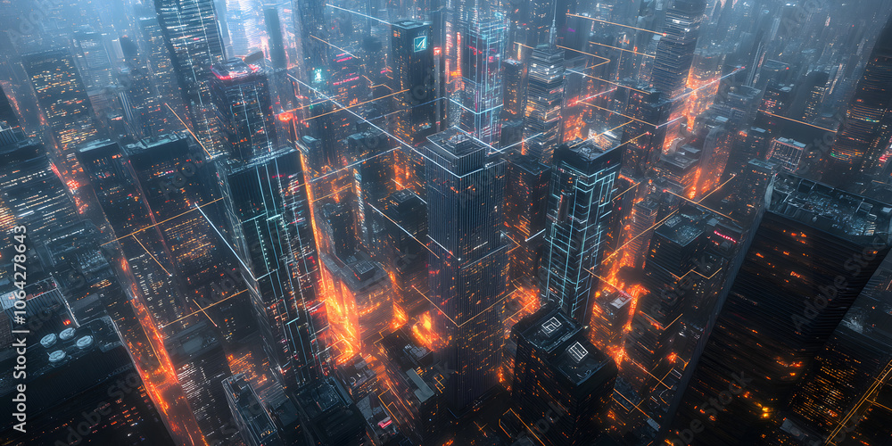 Holographic information light covers the future city like a net, science fiction, finance, logistics, business, city, background, wallpaper Holographic information light covers the future city like a net, science fiction, finance, logistics, business, city, background, wallpaper