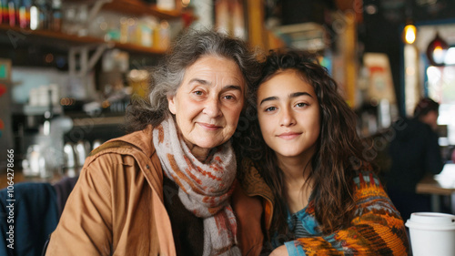 Older woman and young girl sitting closely together in a cozy cafe, both smiling softly, with warm and colorful layers adding a relaxed, autumnal feel