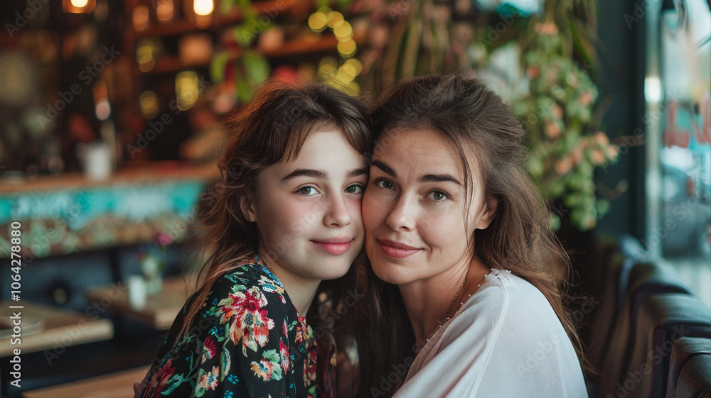 Mother and daughter sitting closely together in a cozy cafe, smiling softly with a warm and intimate atmosphere surrounded by lush greenery and soft lights Mother and daughter sitting closely together in a cozy cafe, smiling softly with a warm and intimate atmosphere surrounded by lush greenery and soft lights