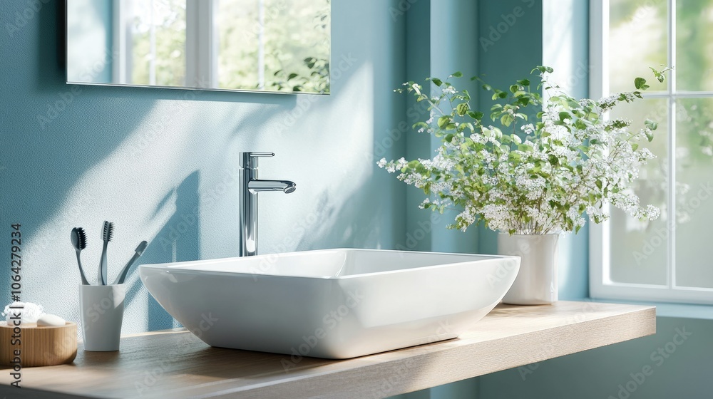 Fototapeta premium Modern Bathroom Sink with Greenery and Natural Light