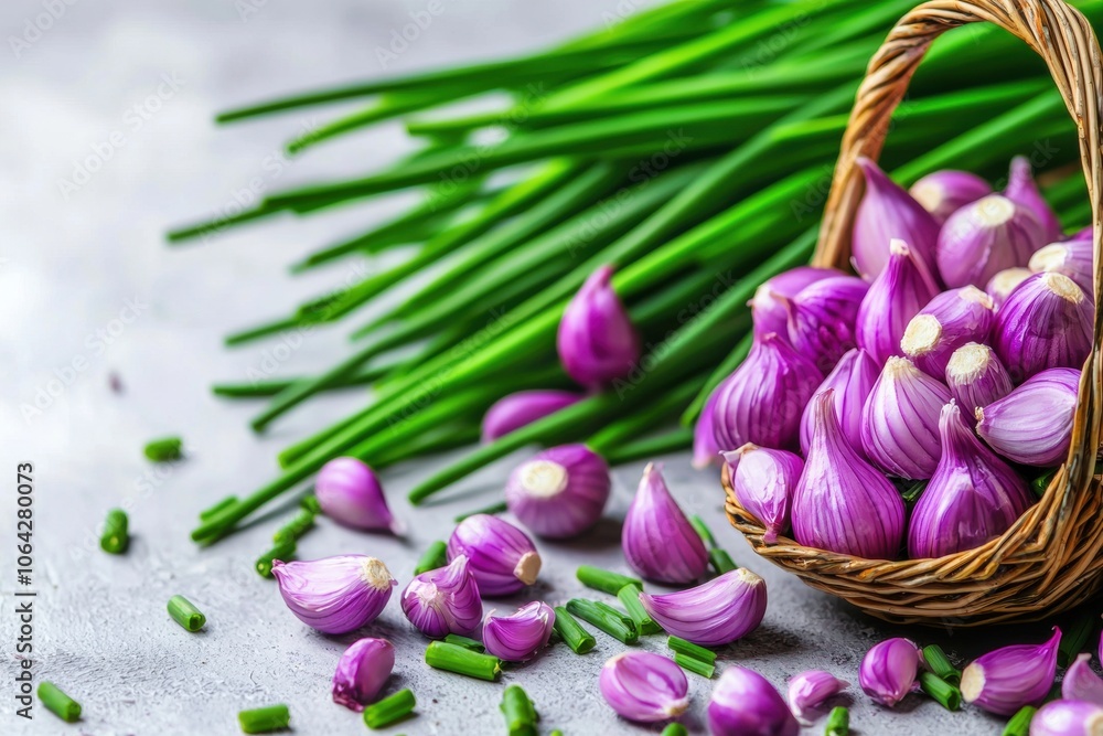 Fototapeta premium Fresh Chives and Shallots in a Basket Arrangement