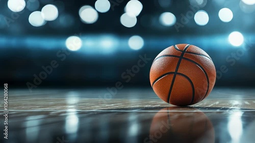 Close-up of a basketball on a court with blurred lights in the background. Animation looping video background. Generated with AI
