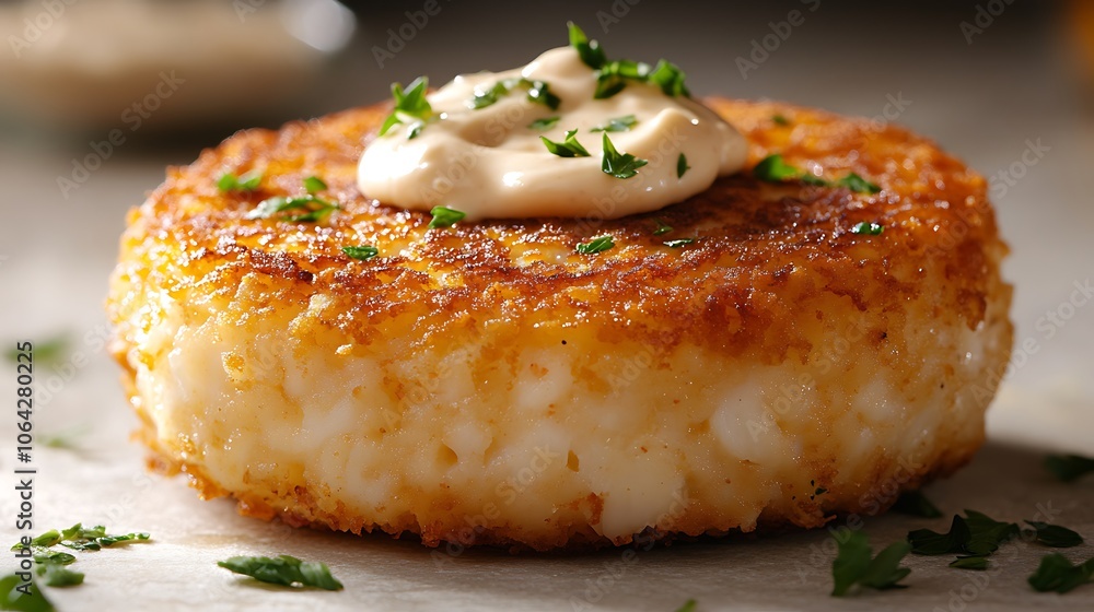 A classic crab cake with a generous swirl of aioli on top, served on a light stone background, warm lighting enhancing the golden crust and creamy sauce, garnished with a hint of parsley. --ar 16:9 A classic crab cake with a generous swirl of aioli on top, served on a light stone background, warm lighting enhancing the golden crust and creamy sauce, garnished with a hint of parsley. --ar 16:9