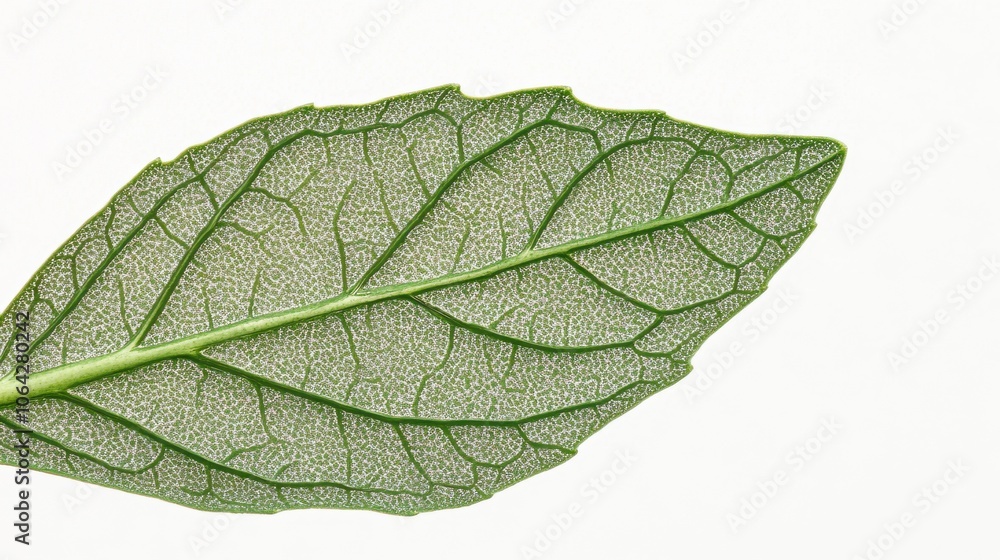 Obraz premium A vibrant green leaf rests on a minimalistic background, displaying its detailed vein structure that highlights the beauty of nature. The leaf exudes freshness and vitality.