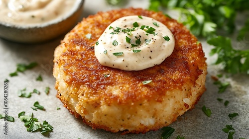 A classic crab cake with a generous swirl of aioli on top, served on a light stone background, warm lighting enhancing the golden crust and creamy sauce, garnished with a hint of parsley. --ar 16:9