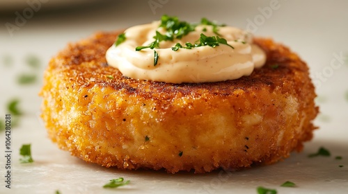 A classic crab cake with a generous swirl of aioli on top, served on a light stone background, warm lighting enhancing the golden crust and creamy sauce, garnished with a hint of parsley. --ar 16:9