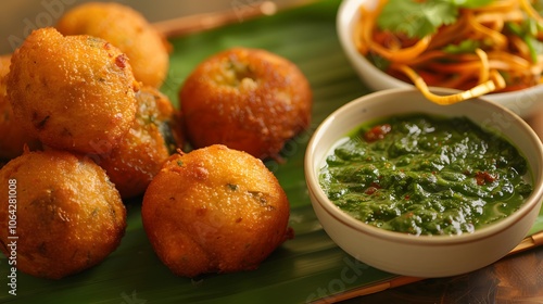 black gram or urad dal vada or pakoda or aalu bonda, aalu bonde with coconut and pudina chutney, isolated. 