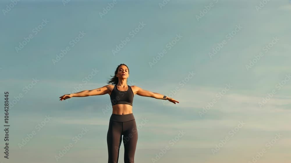 Successful Woman Celebrating Achievement with City Skyline View Successful Woman Celebrating Achievement with City Skyline View