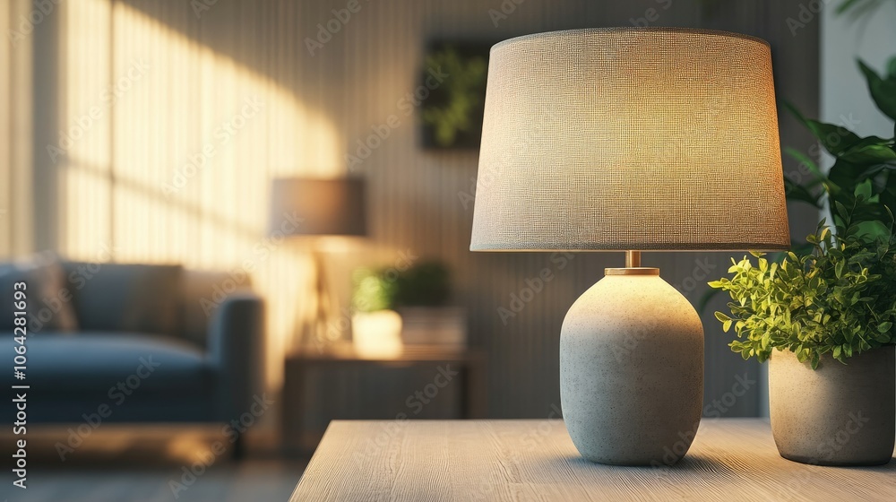 Cozy Living Room with Table Lamp and Greenery Cozy Living Room with Table Lamp and Greenery