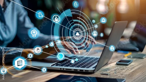 Close-up of a person's hands typing on a laptop keyboard, with a tablet and smartphone on a wooden table in the background. Animation looping video background. Generated with AI
