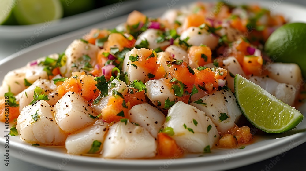 A fresh ceviche dish with diced fish, cilantro, and lime slices, arranged on a minimalist white plate, bright natural lighting highlighting vibrant colors and textures, A fresh ceviche dish with diced fish, cilantro, and lime slices, arranged on a minimalist white plate, bright natural lighting highlighting vibrant colors and textures,