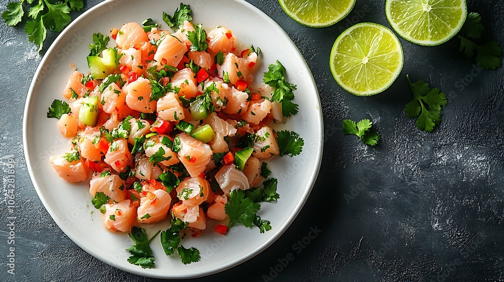A fresh ceviche dish with diced fish, cilantro, and lime slices, arranged on a minimalist white plate, bright natural lighting highlighting vibrant colors and textures, A fresh ceviche dish with diced fish, cilantro, and lime slices, arranged on a minimalist white plate, bright natural lighting highlighting vibrant colors and textures,