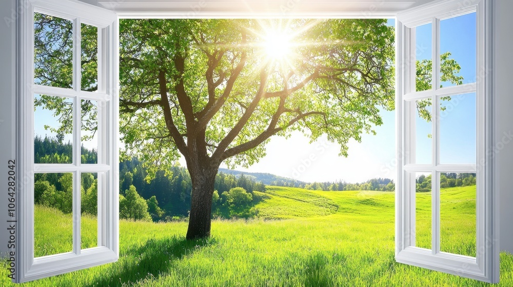Fototapeta premium Serene View from a Window into Lush Green Landscape