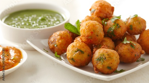 black gram or urad dal vada or pakoda or aalu bonda, aalu bonde with coconut and pudina chutney, isolated. 