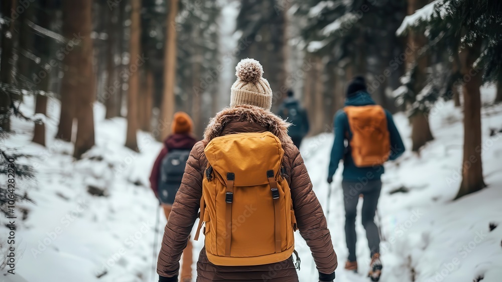 Fototapeta premium Group of family members hiking through a snowy forest, admiring nature and enjoying the holiday season