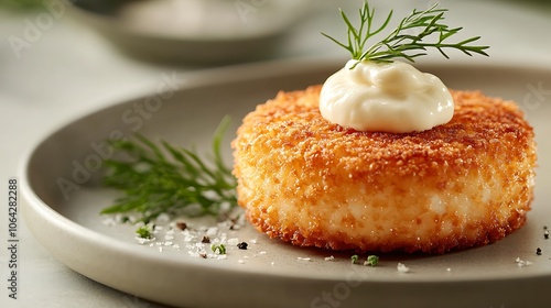 A golden crab cake with aioli dollop, plated on a neutral, light background, soft, warm lighting creating a cozy, inviting feel, close-up view to capture texture and details,