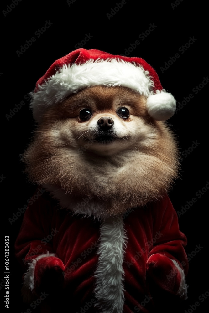 A Pomeranian dog dressed up as Santa Claus.Minimal creative Christmas holiday fashion advertise and party concept.Copy space,flat lay. A Pomeranian dog dressed up as Santa Claus.Minimal creative Christmas holiday fashion advertise and party concept.Copy space,flat lay.