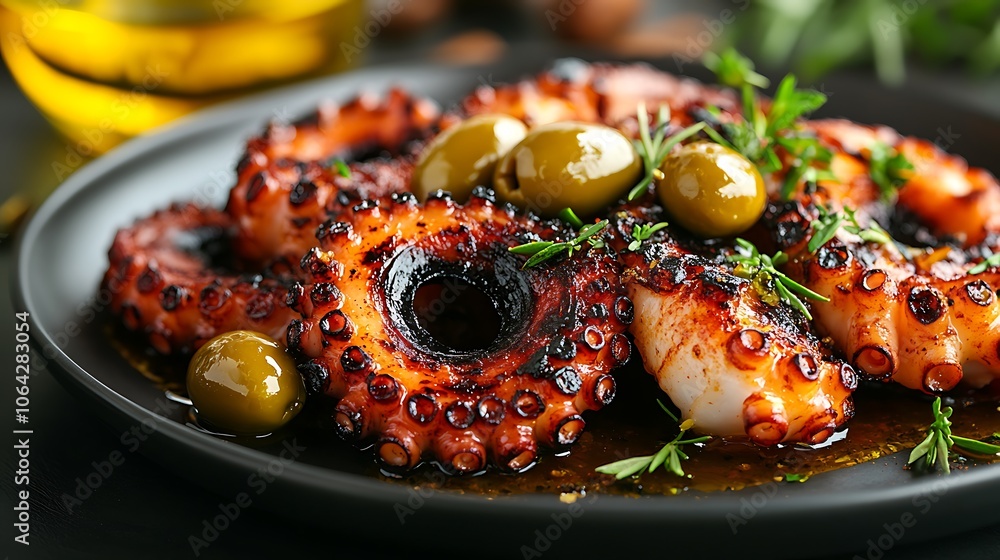 A light plate of grilled octopus with olives and olive oil, soft natural lighting highlighting the charred surface of the tentacles, appetizing Mediterranean-style presentation, A light plate of grilled octopus with olives and olive oil, soft natural lighting highlighting the charred surface of the tentacles, appetizing Mediterranean-style presentation,