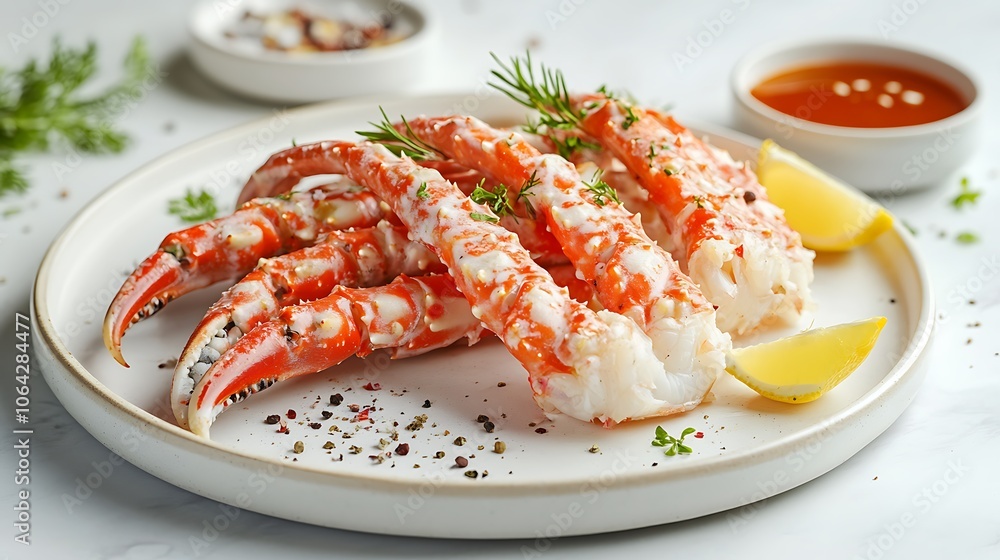 A plate of steamed crab legs with dipping sauce on a light background, close-up with soft lighting bringing out the rich red shell textures and vibrant details, appetizing and fresh look. --ar 16:9 A plate of steamed crab legs with dipping sauce on a light background, close-up with soft lighting bringing out the rich red shell textures and vibrant details, appetizing and fresh look. --ar 16:9