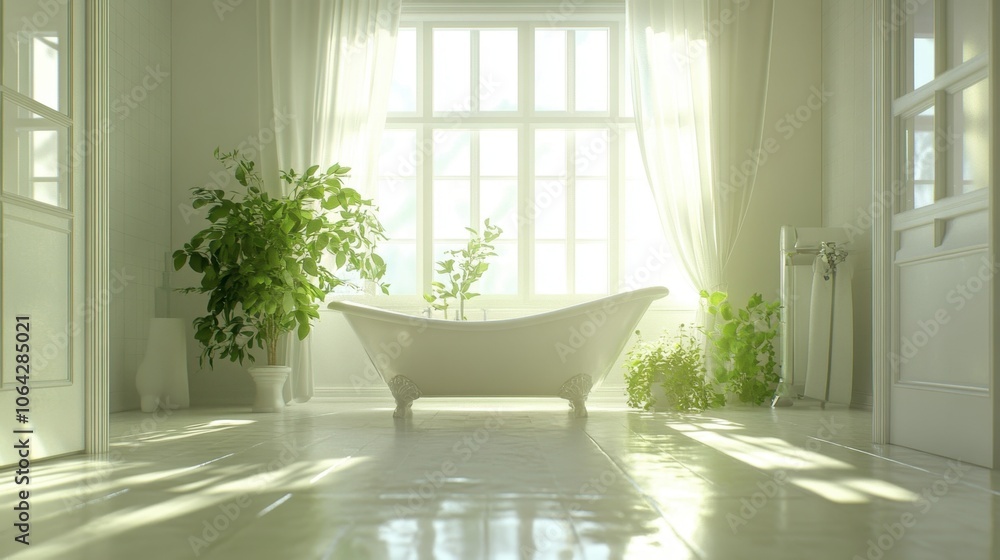 Fototapeta premium Serene Bathroom with Natural Light and Plants
