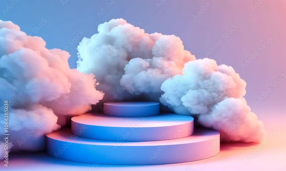 Three white podiums surrounded by fluffy clouds with blue and pink lighting.