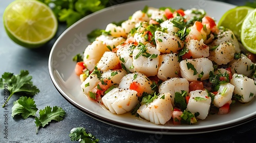 A serving of ceviche with diced fish, fresh cilantro, and lime on a clean white plate, bright natural light creating a refreshing, summery feel, high detail on the textures and colors of ingredients.