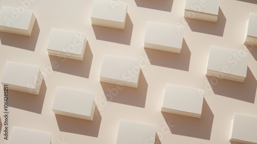 Stacks of blank business cards creating a pattern on beige background