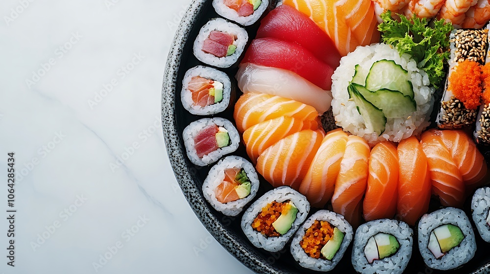 A sushi platter with assorted sashimi, nigiri, and maki rolls on a clean white background, soft lighting emphasizing the freshness and vibrant hues, minimalist yet inviting arrangement. --ar 16:9 A sushi platter with assorted sashimi, nigiri, and maki rolls on a clean white background, soft lighting emphasizing the freshness and vibrant hues, minimalist yet inviting arrangement. --ar 16:9
