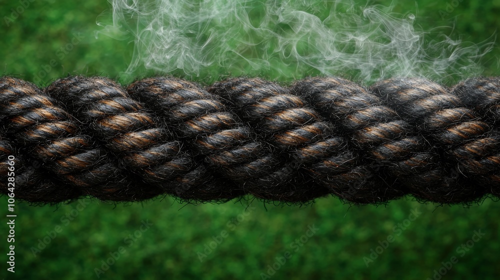 A thick black rope with smoke rising from it against a green background. A thick black rope with smoke rising from it against a green background.