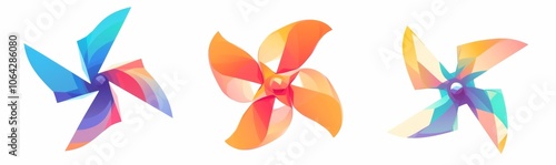 A set of three different windmill icons, each in a vibrant color, with five blades resembling pinwheels.  photo